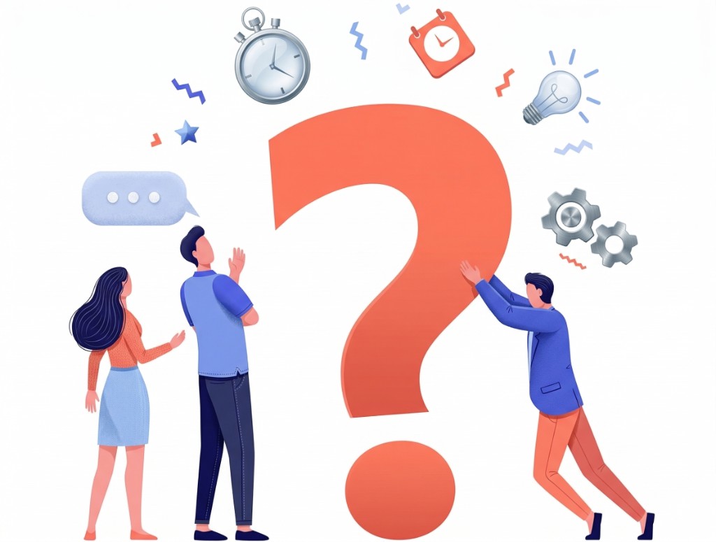 Illustration of three people around a large coral question mark, with icons for time, ideas, and processes above.